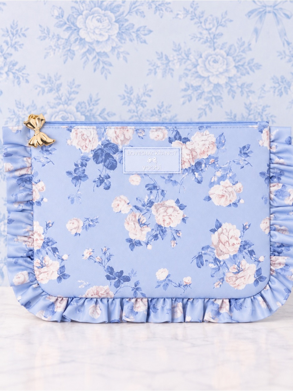 NWT LoveShackFancy x Yoobi Blue Ruffle Pouch